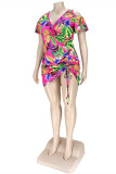 Rose Red Fashion Casual Plus Size Print Hollowed Out V Neck Short Sleeve Dress