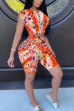 White Fashion Casual adult Ma'am Tie Dye Two Piece Suits HOLLOWED OUT pencil Short Sleeve Two Pieces