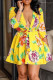 Yellow adult Fashion Street Cap Sleeve Long Sleeves V Neck Princess Dress Knee-Length bandage Pri