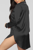 Black Living Solid Embroidered Shirt Collar Shirt Dress Dresses