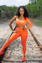 Orange Sexy Fashion asymmetrical Solid Fluorescent Slim fit Two Piece Suits Skinny Sleeveless Tw