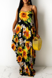 Navy Blue Casual Off The Shoulder Sleeveless Slip Swagger Floor-Length Print Patchwork
