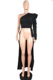 Black One Shoulder Collar Long Sleeve Solid Draped asymmetrical