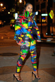 Green Turtleneck Camouflage Print Zippered Patchwork Spandex Print Long Sleeve Blazer & Suits &Jacket