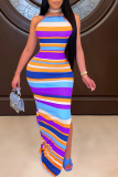 Blue Sexy Striped Patchwork Half A Turtleneck Pencil Skirt Dresses