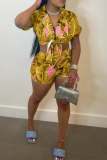 Yellow Casual Print Patchwork Turndown Collar Short Sleeve Two Pieces