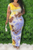 Blue Sexy Patchwork Tie-dye U Neck Pencil Skirt Dresses