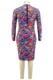 Blue Sexy Plaid Print Basic Turtleneck A Line Plus Size 