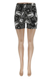 Black Fashion Casual Print Basic Regular High Waist Shorts