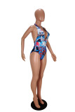 Blue Fashion Sexy Print Backless Swimwears