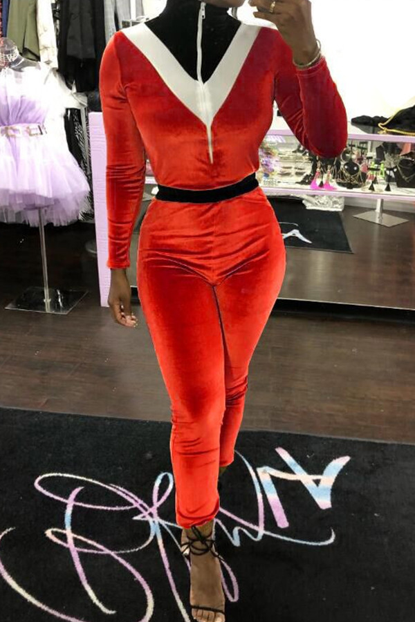 Red Sexy Solid Patchwork Long Sleeve O Neck Jumpsuits