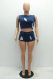 Blue Sexy Fashion Hole Solid Two Piece Suits asymmetrical Slim fit crop top Skinny Sleeveless