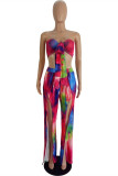 Blue Orange Fashion Sexy Print Tie Dye Backless Slit Strapless Sleeveless Two Pieces
