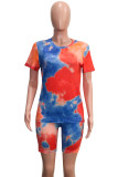 Multicolor Fashion Casual Print Basic O Neck Short Sleeve Two Pieces