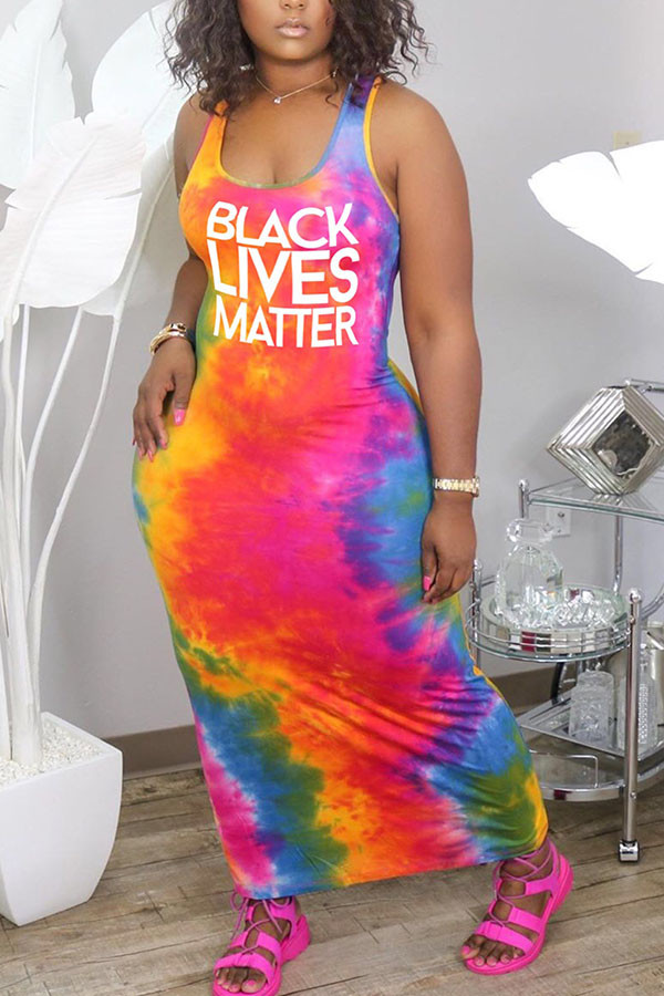 Red Fashion adult England Ma'am Red Tank Sleeveless O neck Pencil Dress Ankle-Length Print Tie and dye Dresses