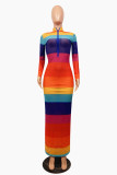 Rainbow Color Sexy Casual Print See-through Zipper Collar Long Sleeve Dresses