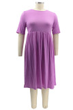 Blue Fashion Casual Plus Size Solid Basic O Neck Short Sleeve Dress (No Pocket)