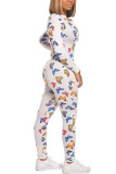 White Fashion street Print Long Sleeve O Neck Jumpsuits