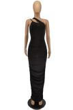 Red Sexy Casual Solid Hollowed Out Fold One Shoulder Sleeveless Dress