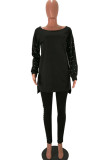 Black Sexy Solid Two Piece Suits Patchwork Beading pencil Long Sleeve Two-piece Pants Set
