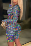 Multicolor Street Print O Neck Wrapped Skirt Dresses