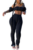 Black Fashion Sexy adult Patchwork Solid backless Draped Bandage Two Piece Suits pencil Nine Sleeves Two Pieces