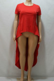 Red Fashion Sexy adult Ma'am Turndown Collar Patchwork Solid asymmetrical Stitching Plus Size