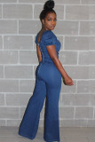 Light Blue Casual Backless Solid Chemical fiber blend Sleeveless V Neck 