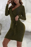 Gold Sexy Solid Patchwork V Neck Irregular Dress Dresses