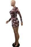 Wine Red Fashion adult Ma'am OL Cap Sleeve Long Sleeves O neck Step Skirt skirt camouflage Dresses