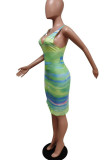 Rose Red Sexy Print Patchwork Asymmetrical V Neck Pencil Skirt Dresses