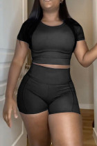 Black Sportswear Solid Patchwork O Neck Short Sleeve Two Pieces