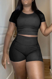 Black Sportswear Solid Patchwork O Neck Short Sleeve Two Pieces