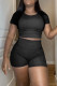 Black Sportswear Solid Patchwork O Neck Short Sleeve Two Pieces