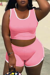 Pink Casual Solid Patchwork O Neck Plus Size Two Pieces