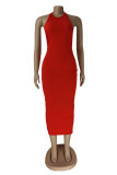 Red Fashion Sexy Solid Backless O Neck Sleeveless Dress
