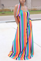 Orange Fashion Street White Blue Orange Yellow Light Blue Dark Blue Spaghetti Strap Sleeveless Slip Swagger Floor-Length Striped Print Dresses
