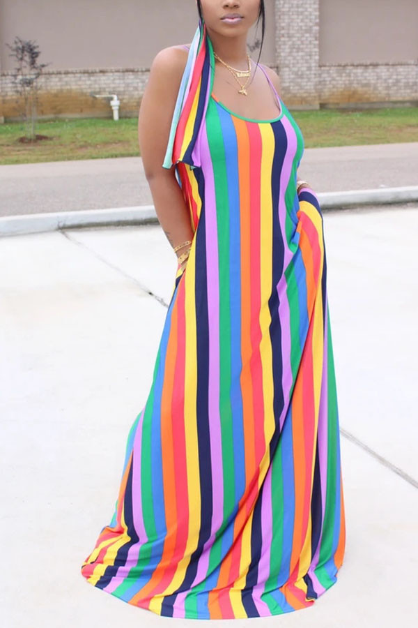 Orange Fashion Street White Blue Orange Yellow Light Blue Dark Blue Spaghetti Strap Sleeveless Slip Swagger Floor-Length Striped Print Dresses