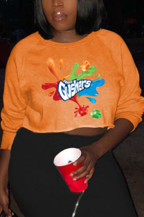 Orange Fashion Casual Adult Print Pullovers O Neck Tops