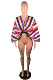 Multi-color V Neck Long Sleeve Striped Print crop top Patchwork Long Sleeve Tops