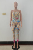 Pink Sexy Casual Print Backless Strapless Skinny Jumpsuits