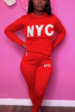 Red British Style Print Embroidered Sequins O Neck Long Sleeve Two Pieces