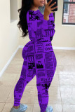 purple Casual Print Patchwork O Neck Long Sleeve Two Pieces
