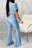 Light Blue Denim Zipper Fly High Hole washing Boot Cut Pants Bottoms