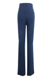 Dark Blue Denim Button Fly Sleeveless High Hole Patchwork Solid pencil Pants Pants