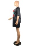 Blue Fashion Casual Print Basic O Neck Short Sleeve T-shirt Dress