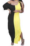 Pink Fashion Casual adult White Pink Yellow Light Blue purple Off The Shoulder Short Sleeves one shoulder collar Asymmetrical Ankle-Length Print Patchwork Colouring Draped split asymmetrical Dresses