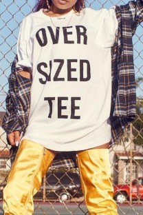 White Fashion Casual O Neck Print Plus Size 