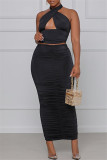 Silver Sexy Solid Hollowed Out Backless Fold Halter Sleeveless Two Pieces