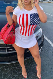 White Fashion Casual Print Basic O Neck Short Sleeve T-shirt Dress